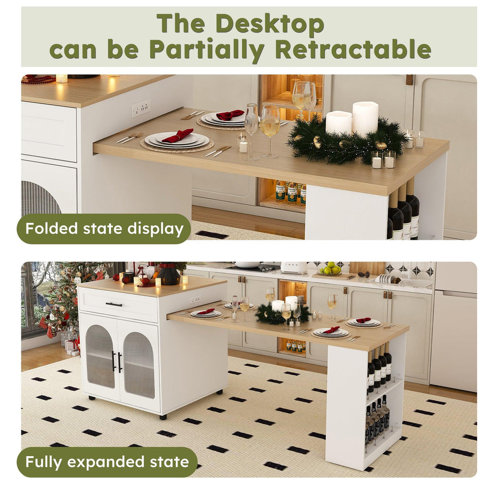 Expandable Kitchen Island with Dining Table & Power Outlet.