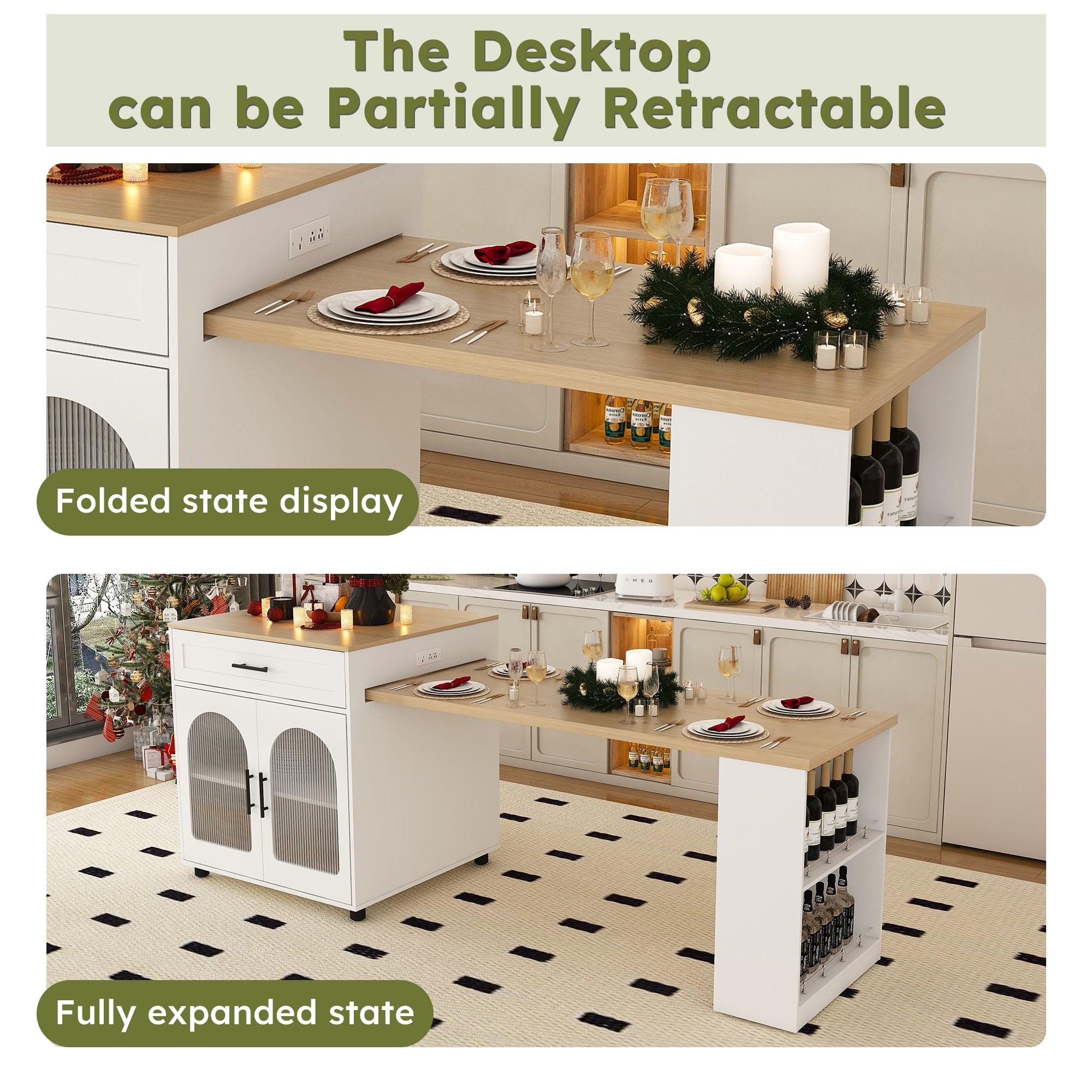 Expandable Kitchen Island with Dining Table & Power Outlet.