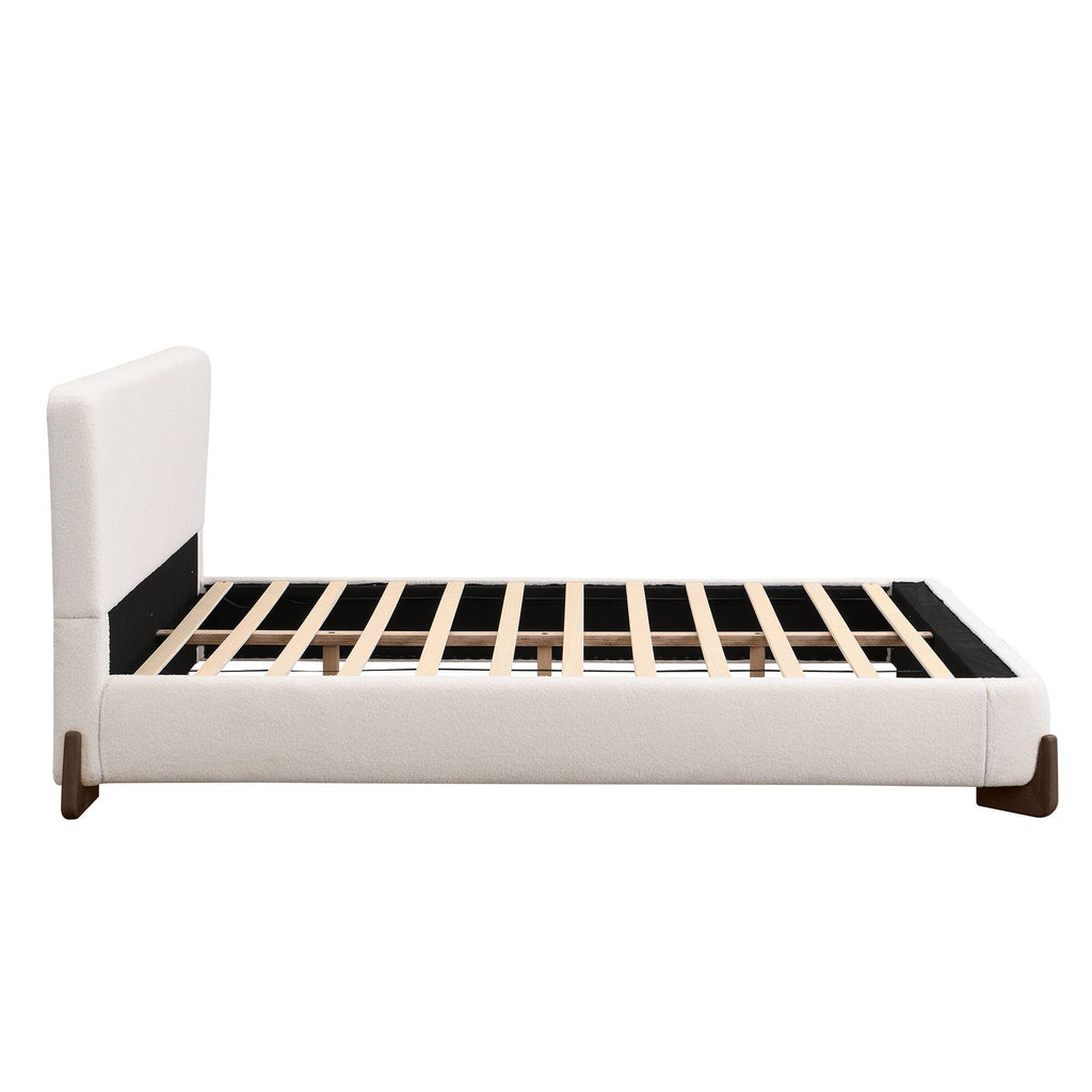 White Upholstered Queen Bed with Solid Wood Legs.