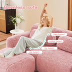 Woman relaxing on ergonomic pink modular sofa chaise with labeled support zones. Features plush fabric and no assembly design.
