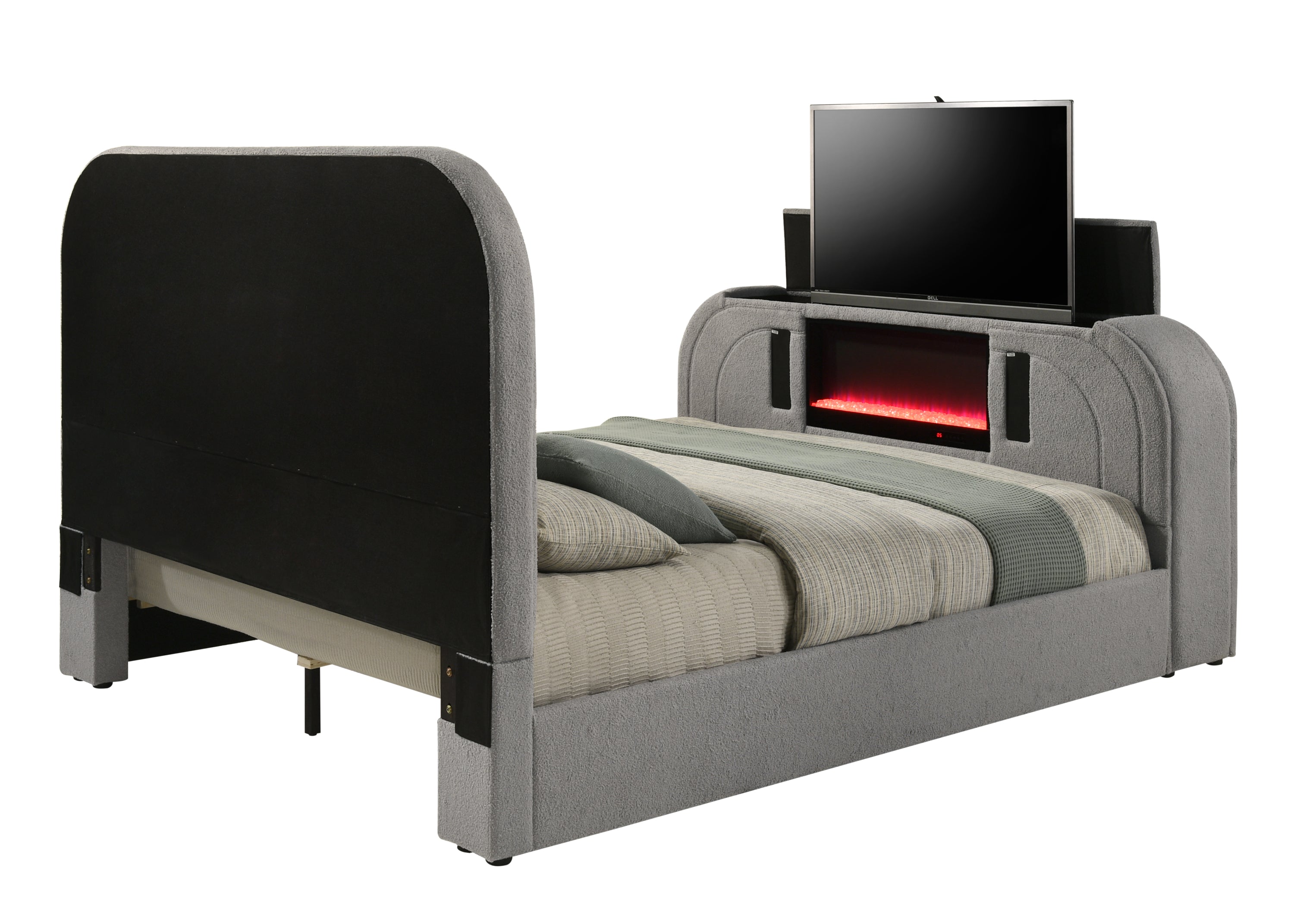 Back view of Gray Teddy Sherpa Queen Bed showing TV lift and built-in LED fireplace. Includes Bluetooth speakers and plush finish.