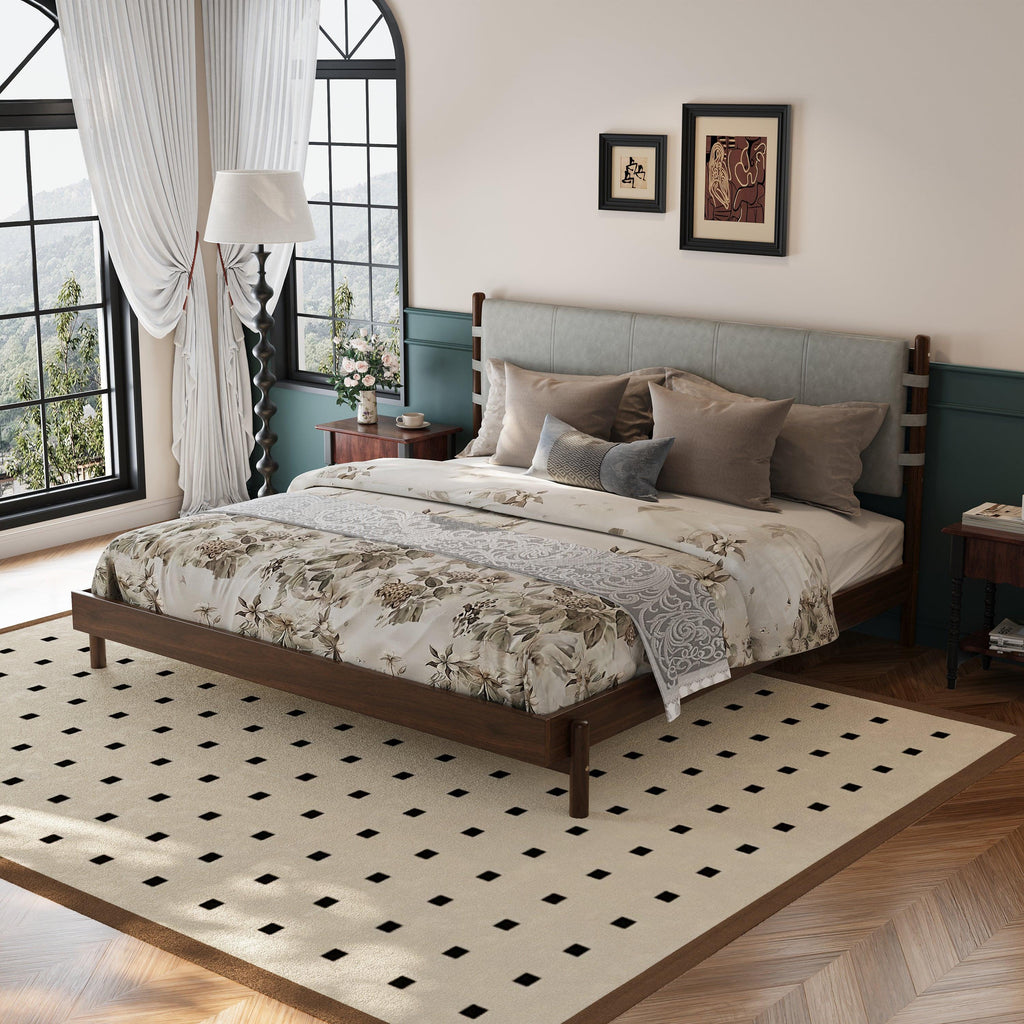 King Bed Frame with Headboard - Rubber Wood Platform Design.