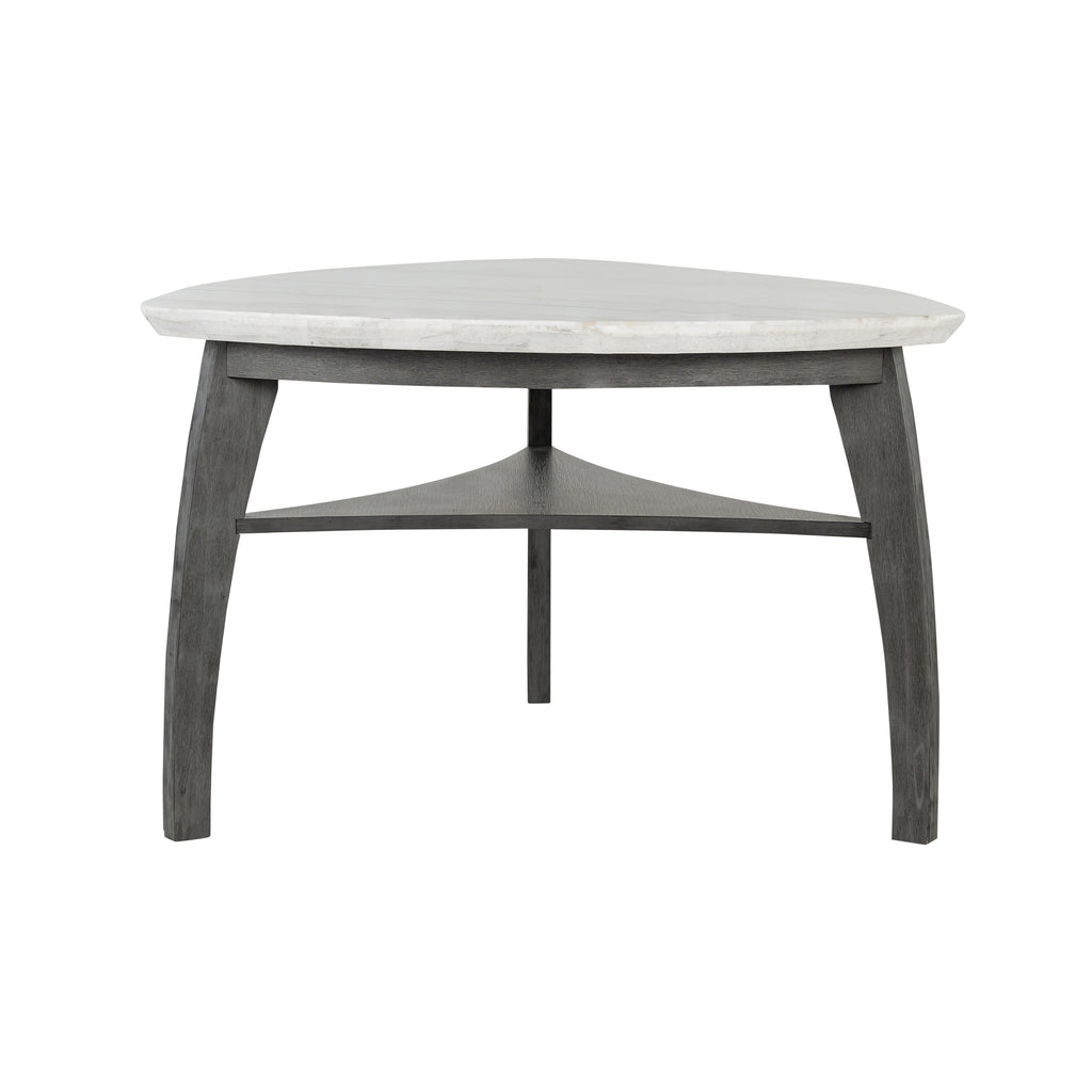 Jasmine Bar Table with grey marble triangular top and arched dark wood legs, ideal for modern dining spaces seating up to 4.