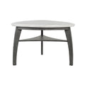 Jasmine Bar Table with grey marble triangular top and arched dark wood legs, ideal for modern dining spaces seating up to 4.