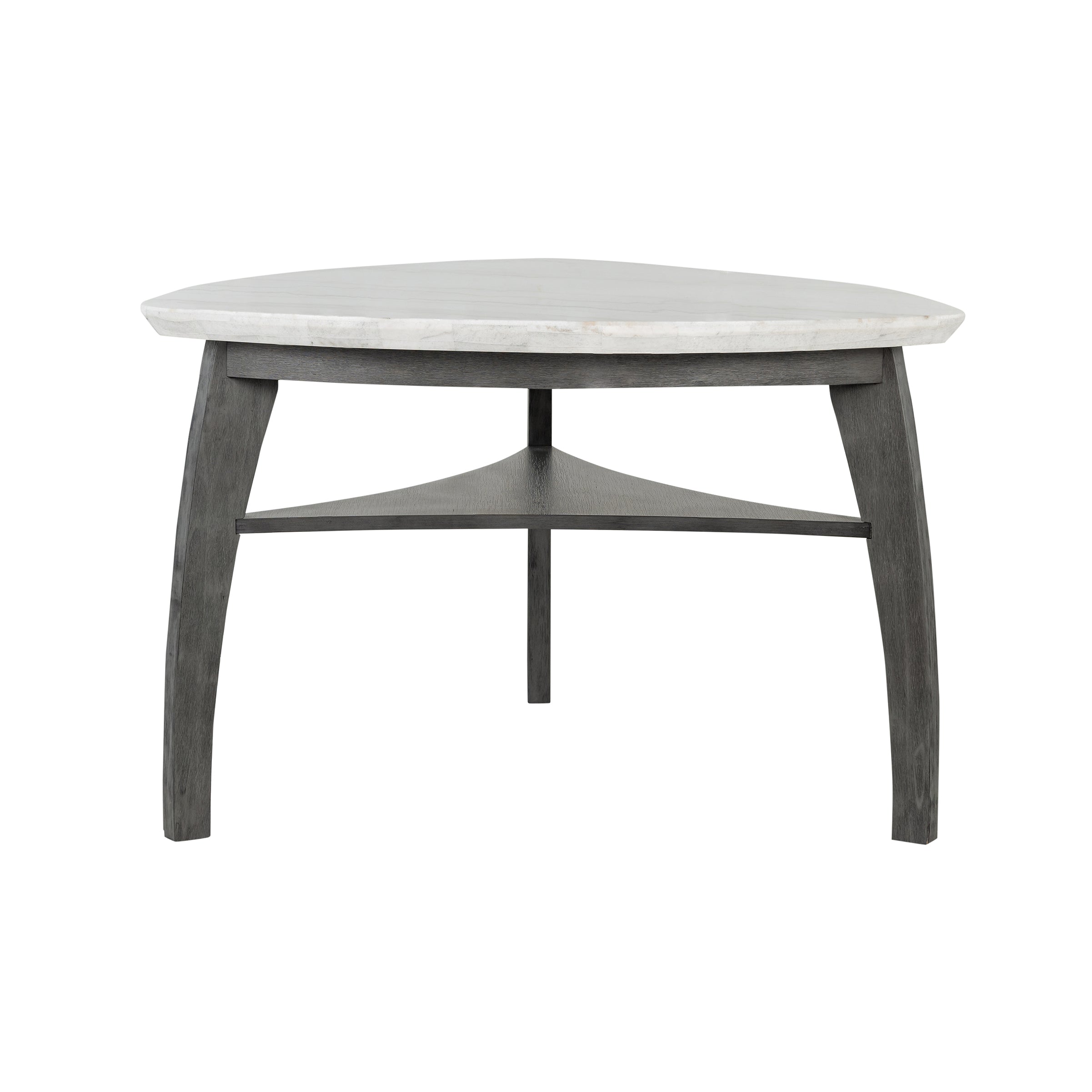 Jasmine Bar Table with grey marble triangular top and arched dark wood legs, ideal for modern dining spaces seating up to 4.