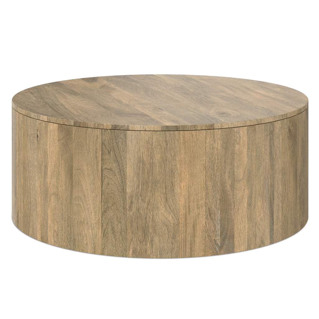 Angled side view of the Millbury Drum Coffee Table in wood, highlighting its spacious round surface and multi-functional drum style.
