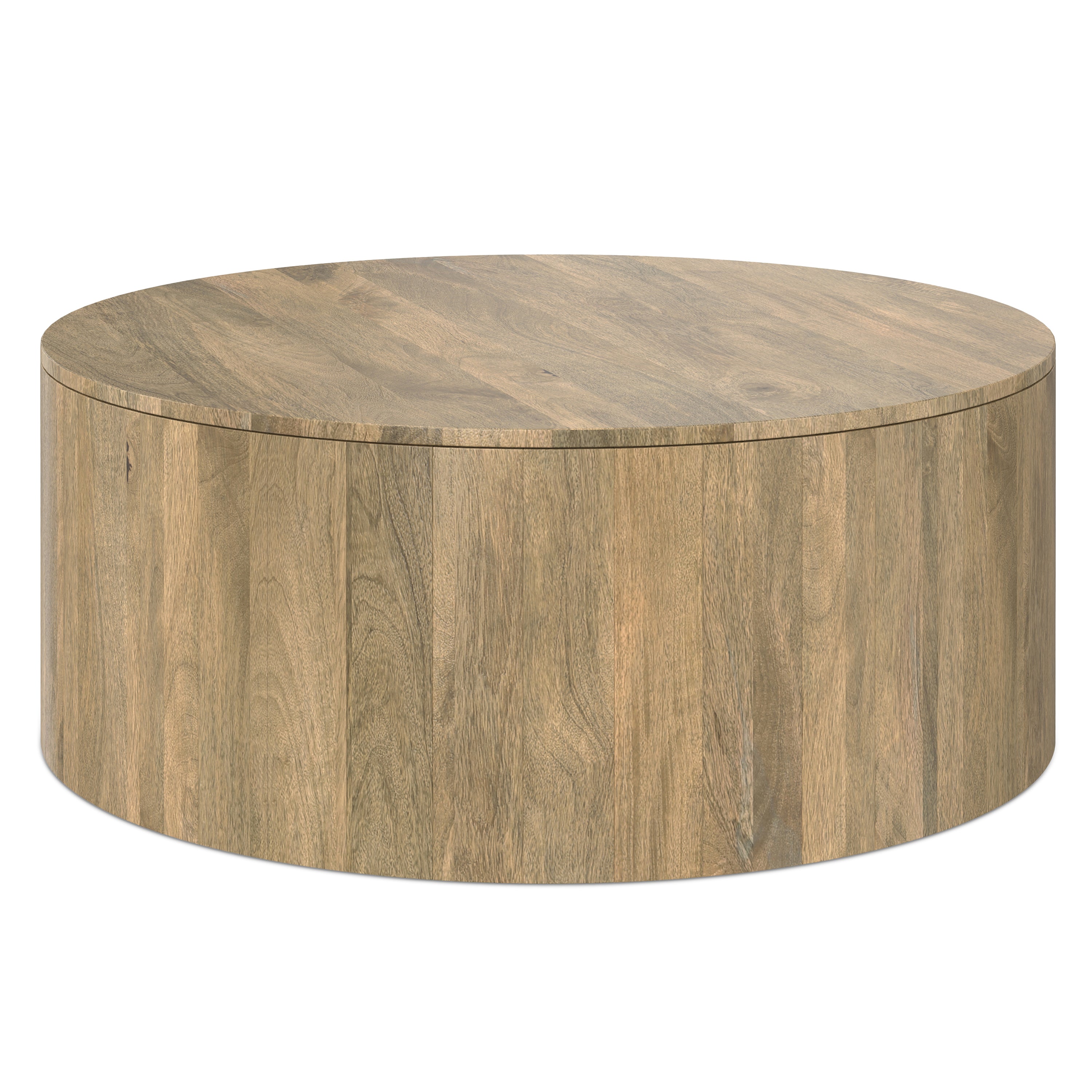 Angled side view of the Millbury Drum Coffee Table in wood, highlighting its spacious round surface and multi-functional drum style.