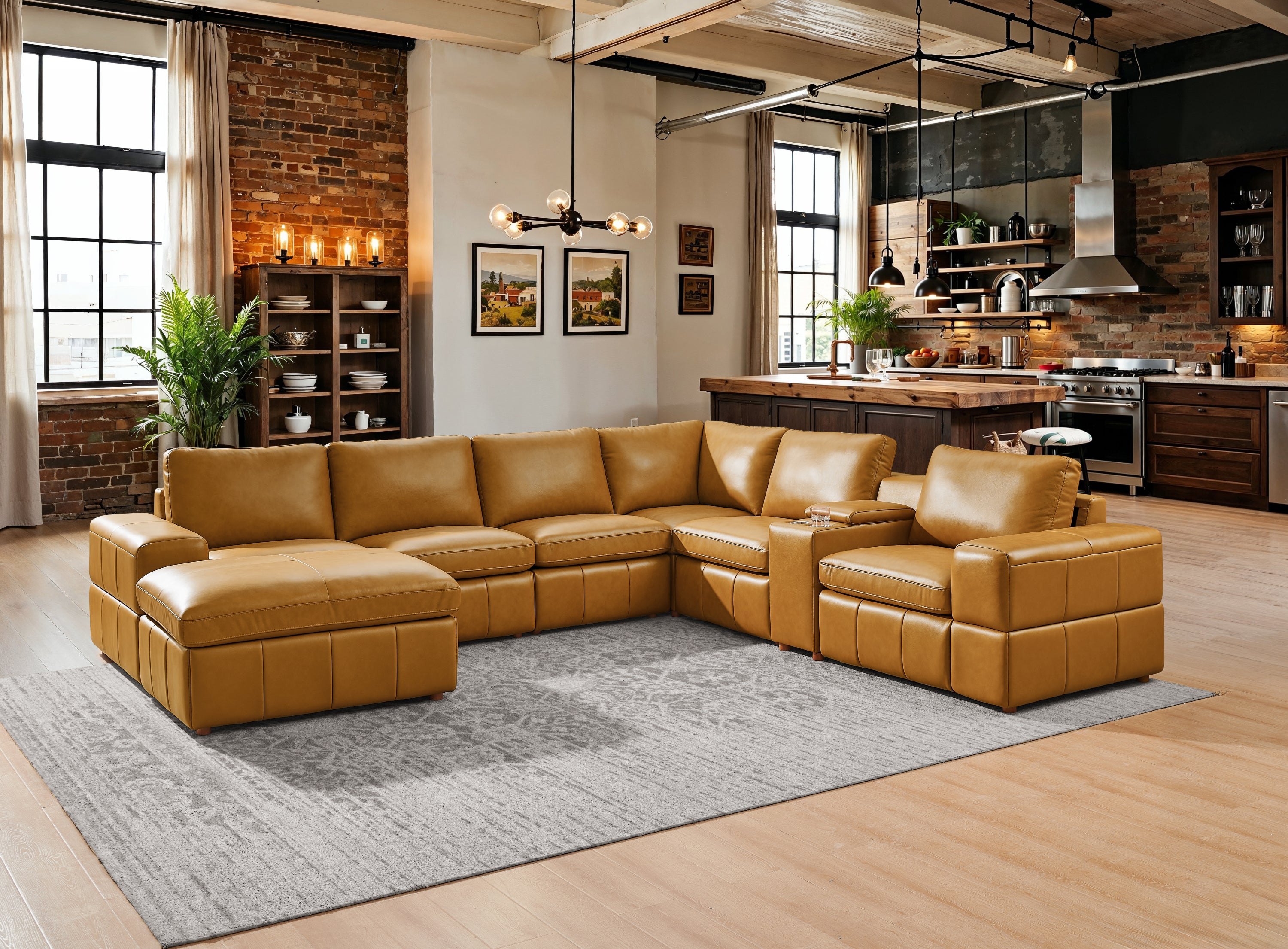 Ginger Leather Match 7-Seat Modular Sectional with Square Arms