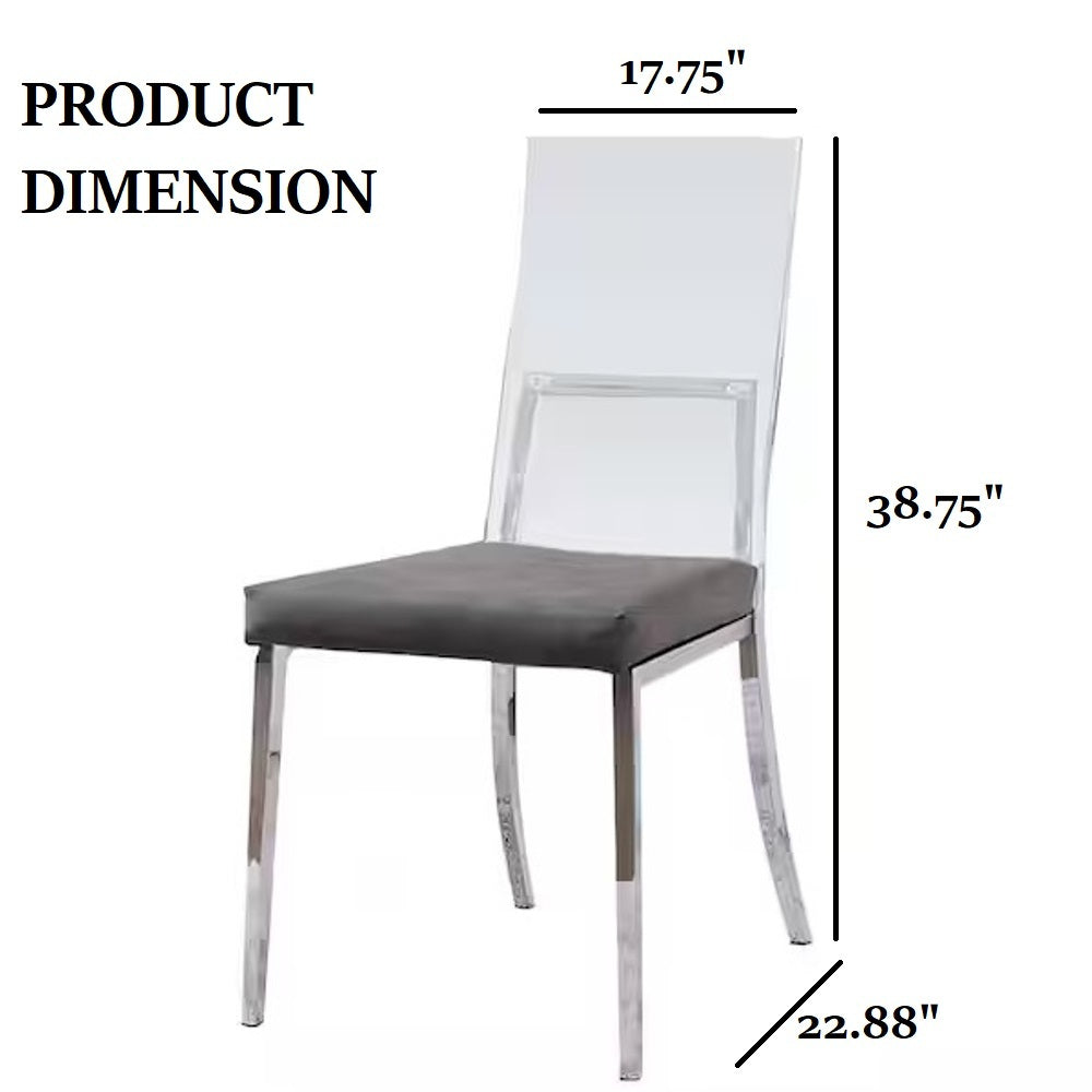 Product dimensions of minimalist dining chair with acrylic back and chrome legs, measuring 38.75 inches in height.