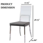 Product dimensions of minimalist dining chair with acrylic back and chrome legs, measuring 38.75 inches in height.