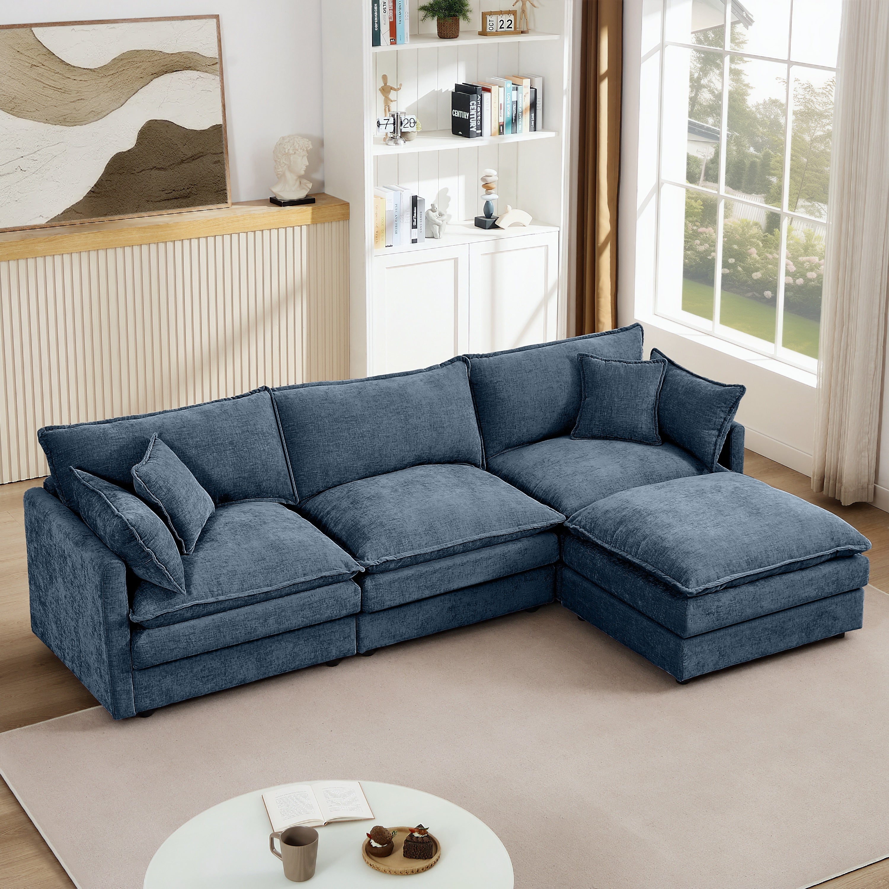 Modern Modular Sectional Sofa, 102 Inch L-Shaped Couch with Movable Ottoman, Blue Chenille Upholstery