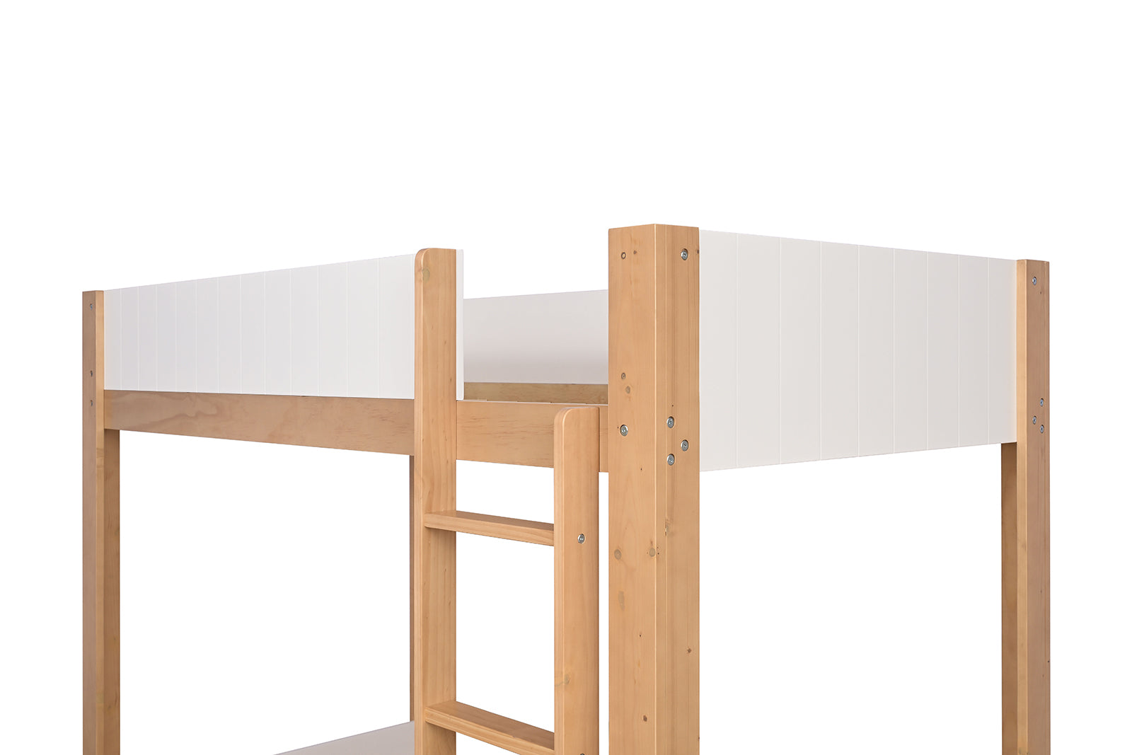 Close-up of the upper section of a twin over twin bunk bed with white paneling and sturdy wood ladder, highlighting modern craftsmanship.