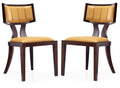 Camel wood dining chairs set of 2 with solid beech frames and camel faux leather seats and backs. Traditional style with curved backrest design.