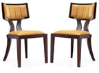 Camel wood dining chairs set of 2 with solid beech frames and camel faux leather seats and backs. Traditional style with curved backrest design.
