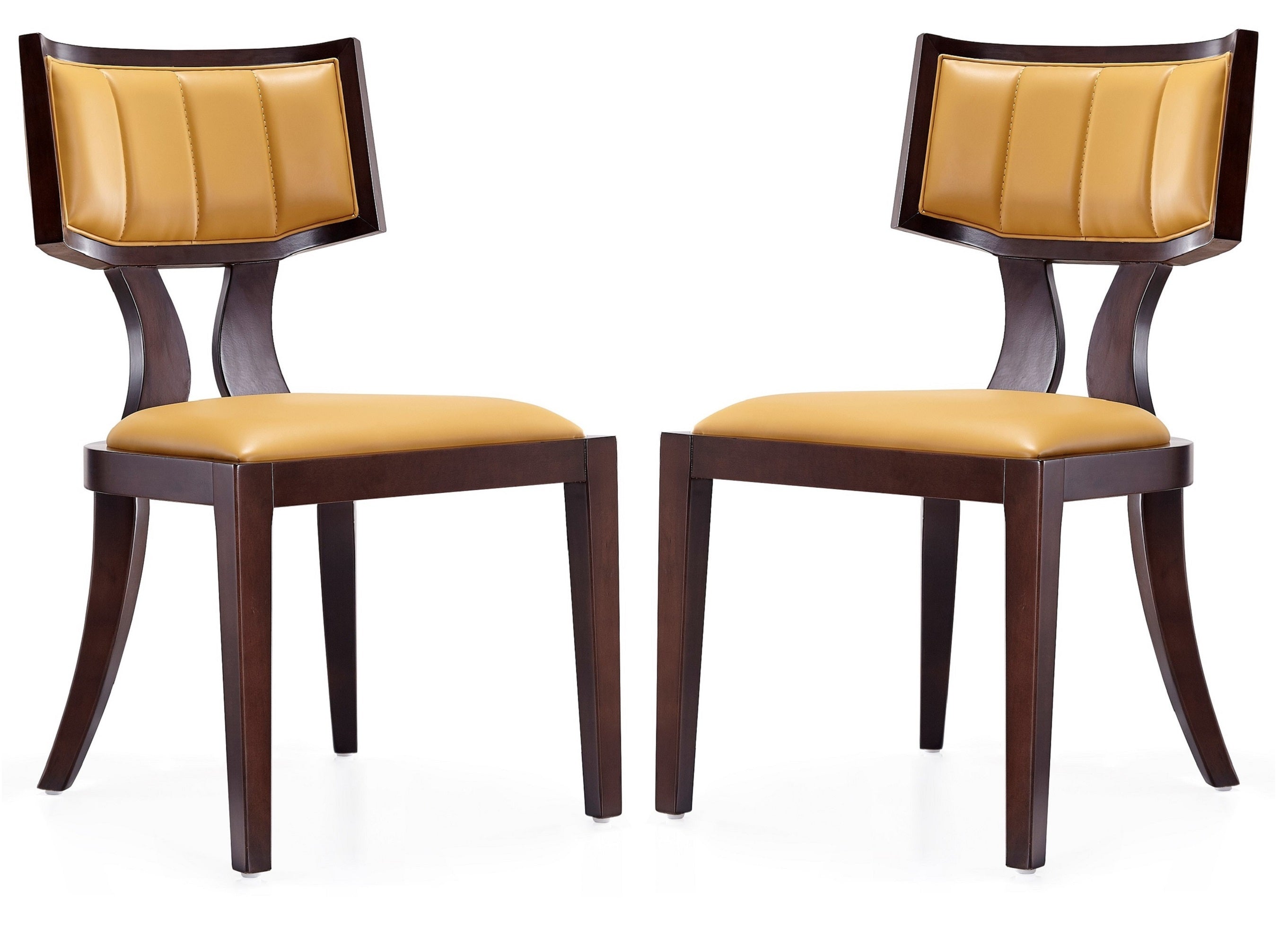Camel wood dining chairs set of 2 with solid beech frames and camel faux leather seats and backs. Traditional style with curved backrest design.