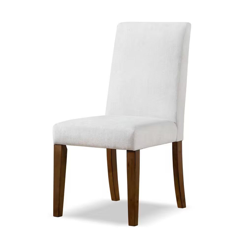 Single rustic dining chair with white upholstery and brown wood legs, perfect for modern farmhouse or rustic dining room decor.