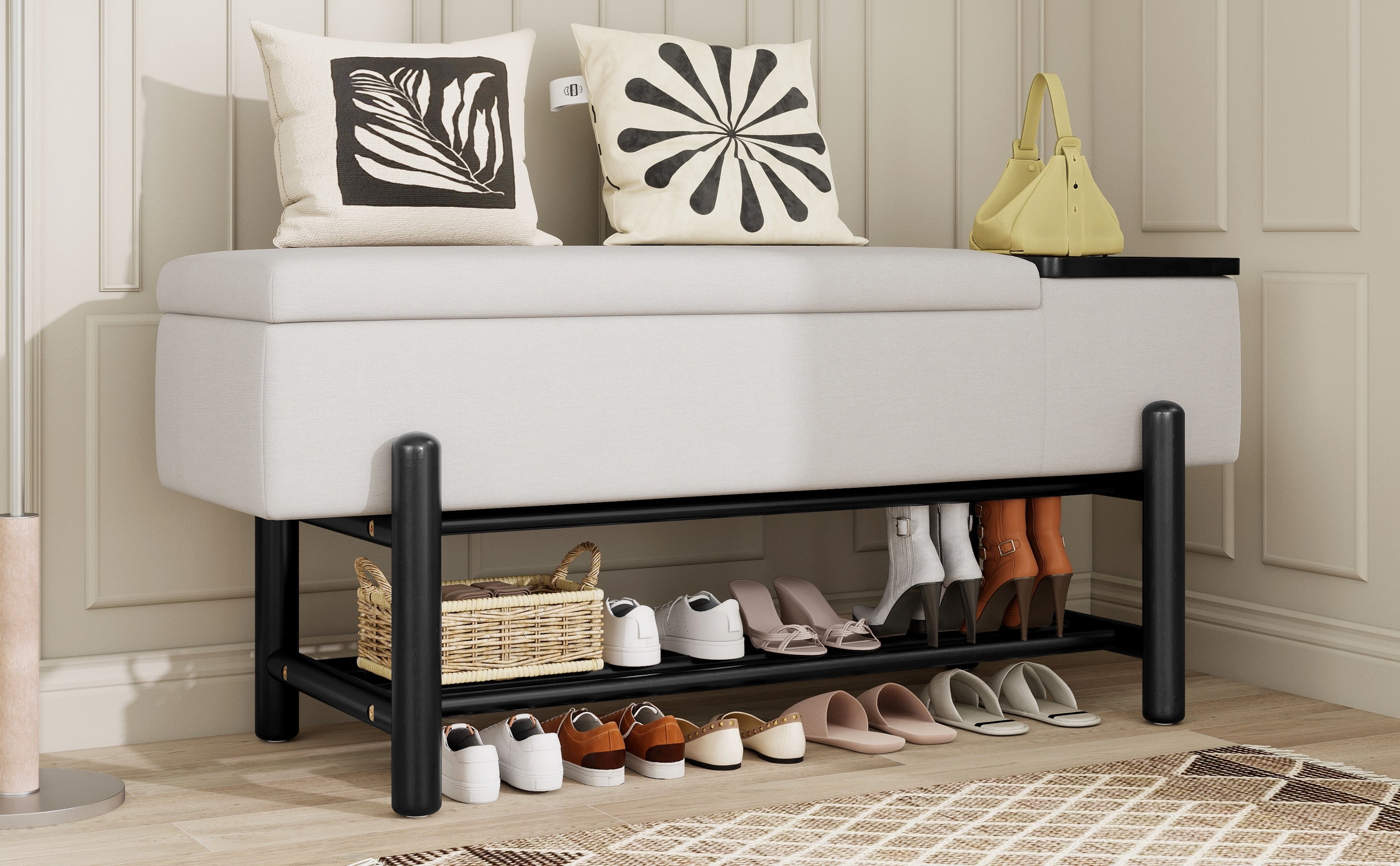 TREXM Farmhouse Upholstered Storage Bench with Hidden Compartment, Modern Entryway Bench for Living Room, Entryway, and Hallways (Black)