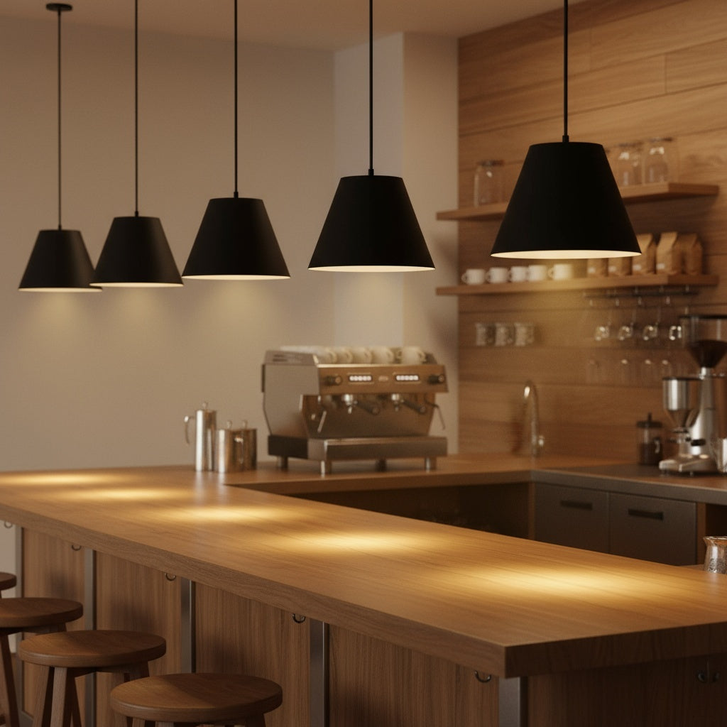 Five 16 inch LED black pendant lights suspended above a wooden bar. Sleek and modern lighting for commercial or home use.