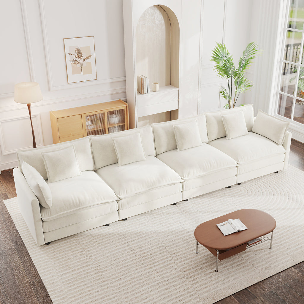 4-Seater Modular Chenille Sofa in Crisp White with Solid Wood Frame