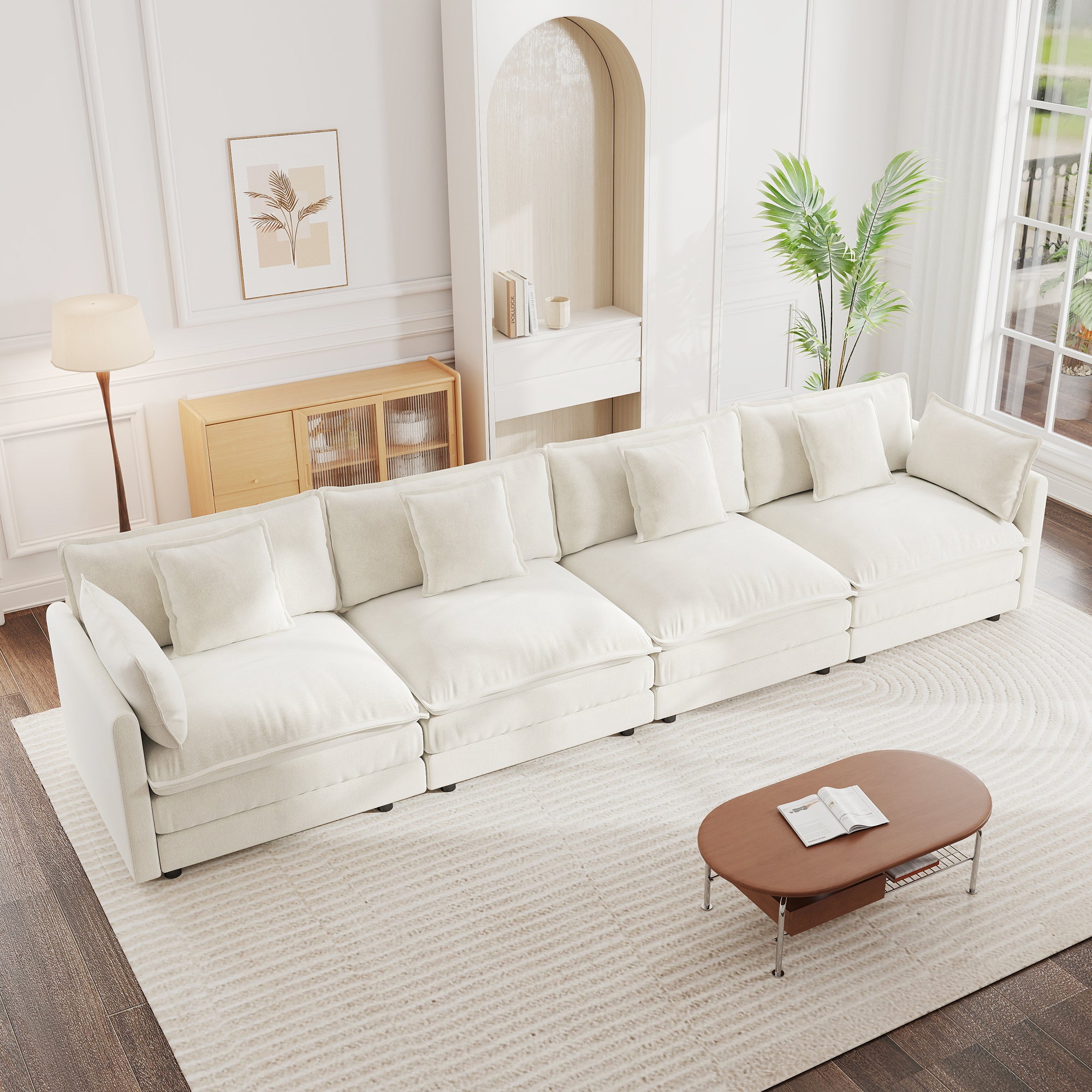 4-Seater Modular Chenille Sofa in Crisp White with Solid Wood Frame