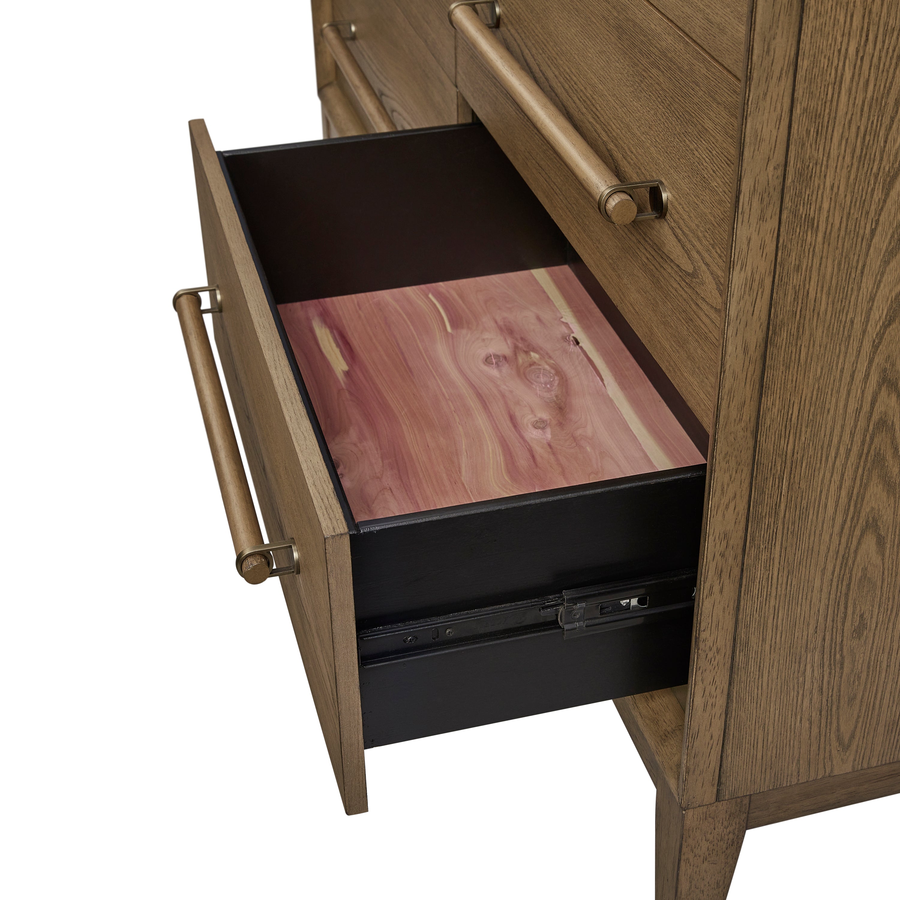 Bottom drawer of solid wood small dresser featuring cedar lining, providing natural protection and freshness for stored clothing.