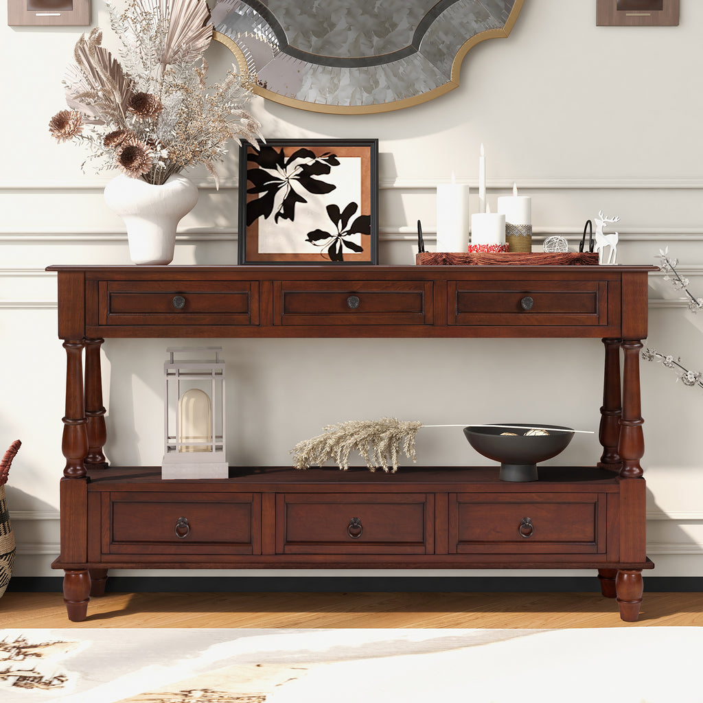 54-Inch Cherry Pine Wood Console Table with 6 Storage Drawers