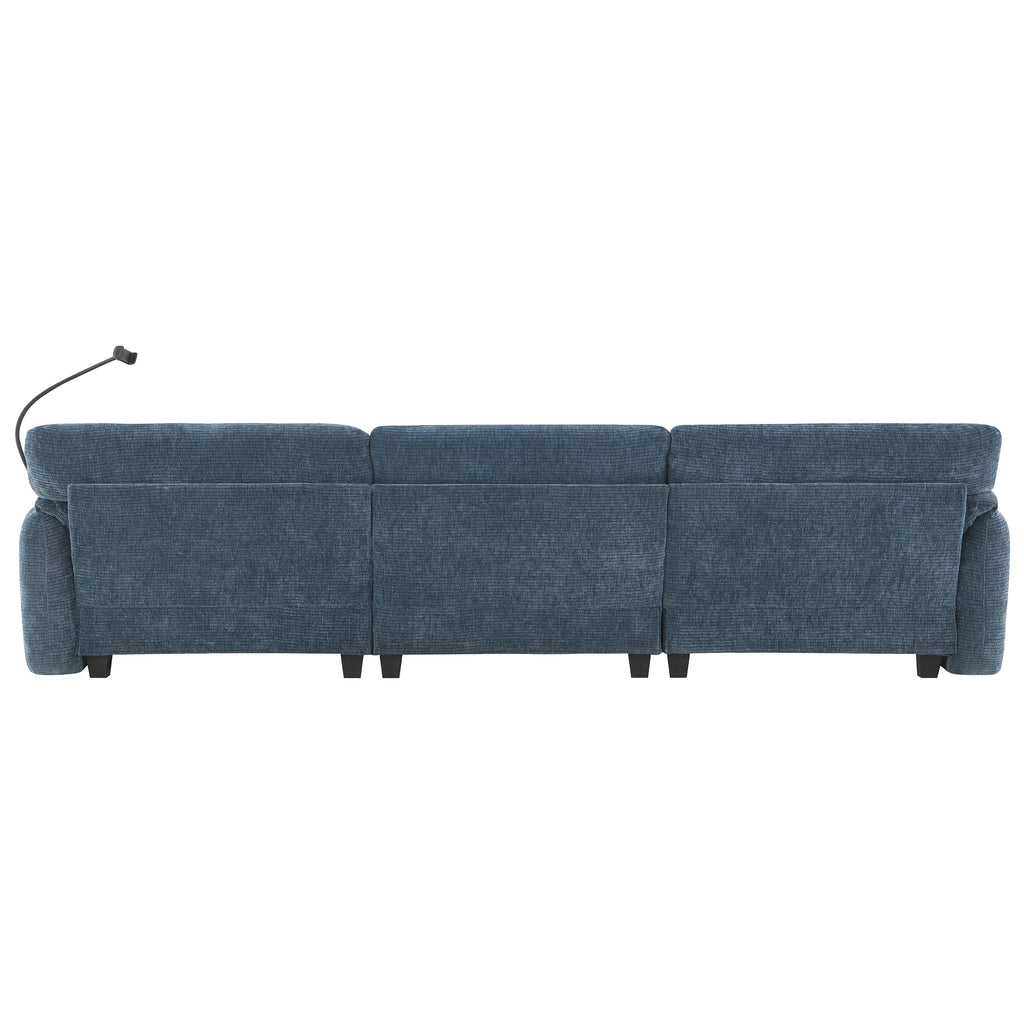 Back view of 108' modular sectional sofa in blue fabric. Clean-lined design with three modular sections and black legs for modern interiors.