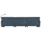 Back view of 108' modular sectional sofa in blue fabric. Clean-lined design with three modular sections and black legs for modern interiors.