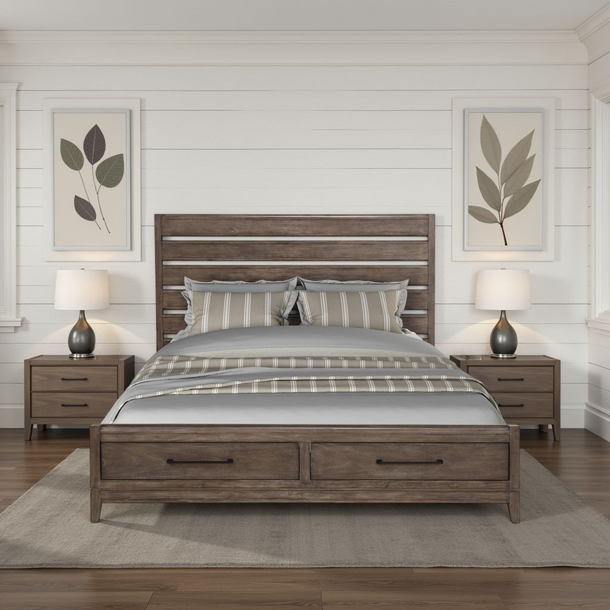 Charcoal Brulee queen storage bed with horizontal slat headboard, wooden frame, and two base drawers in a rustic room.