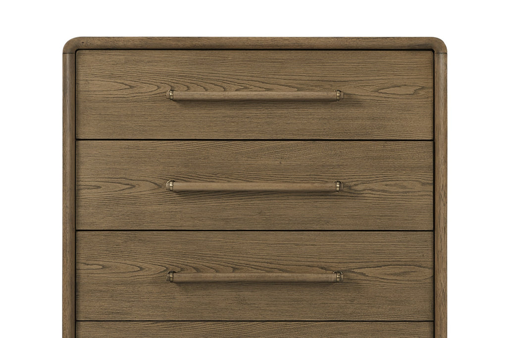 Close-up of Solid Wood Chest in Latte showing top drawers and wood grain texture, highlighting smooth drawer operation and quality craftsmanship.