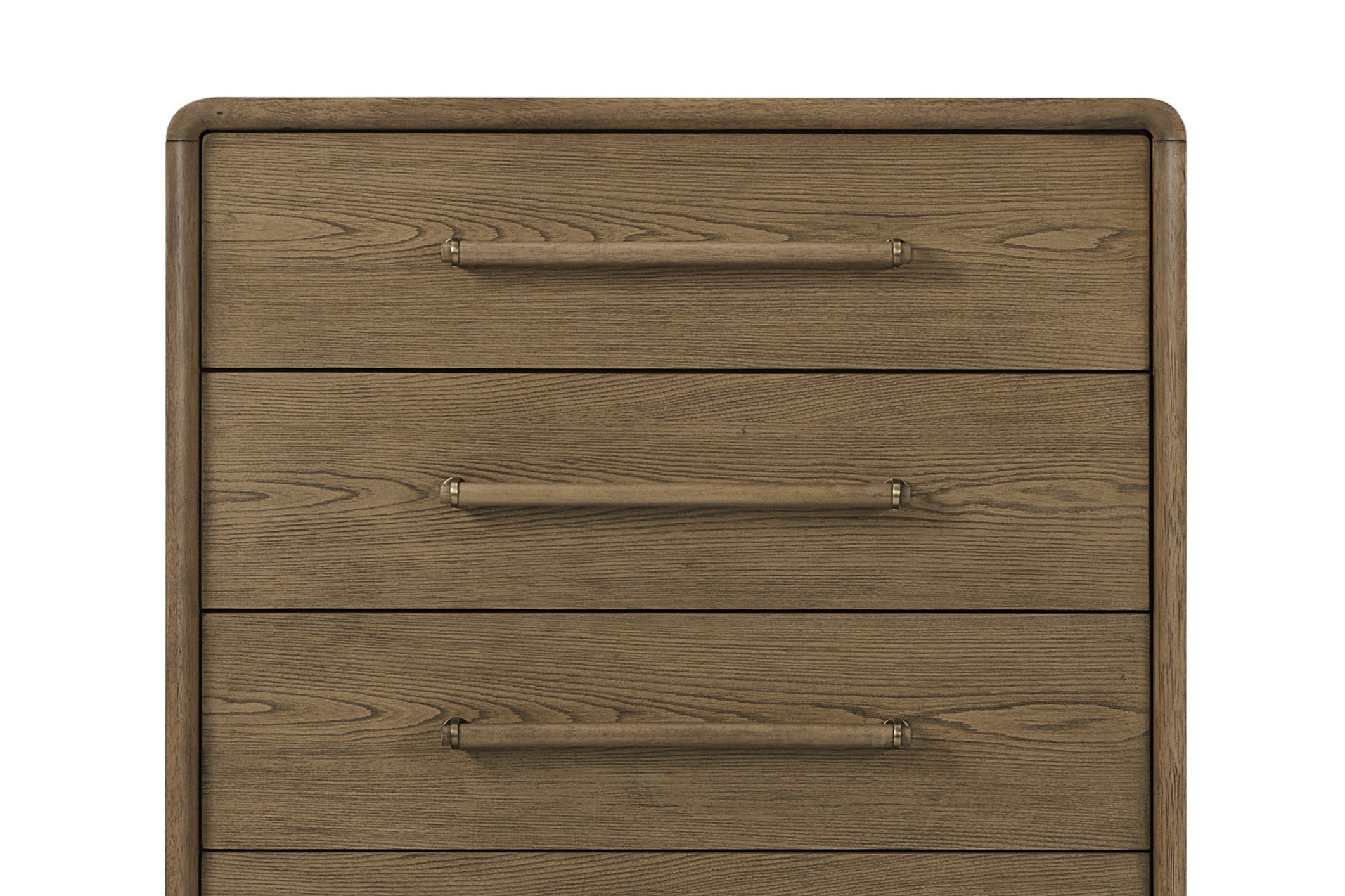 Close-up of Solid Wood Chest in Latte showing top drawers and wood grain texture, highlighting smooth drawer operation and quality craftsmanship.