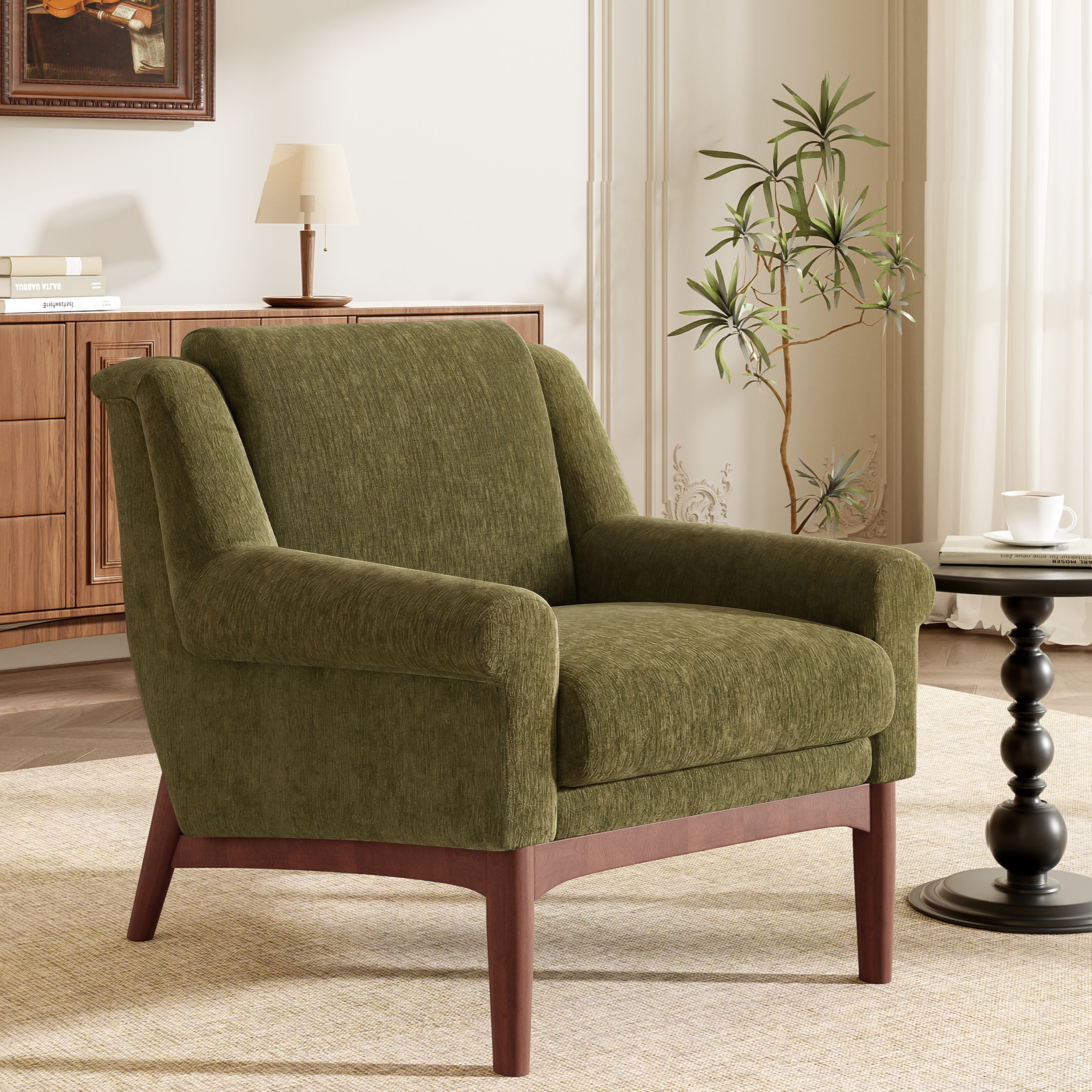 Emerald Green Chenille Accent Chair with Flared Arms and Wood Legs