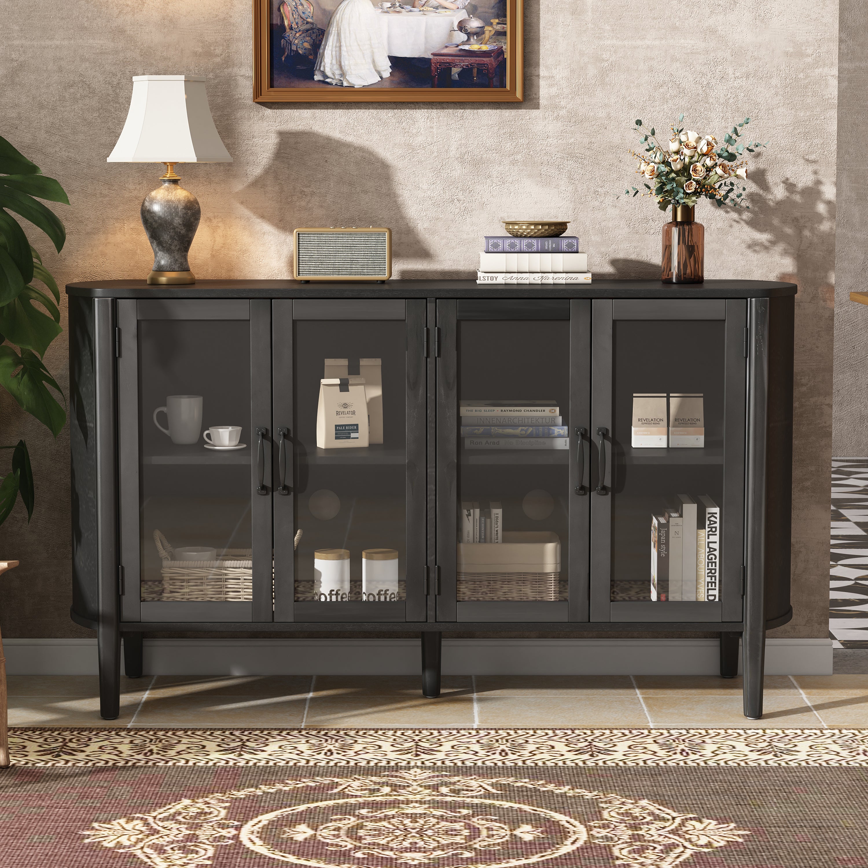 Black storage cabinet for living room with adjustable shelves and glass doors, styled with books and decor in a modern interior setting.