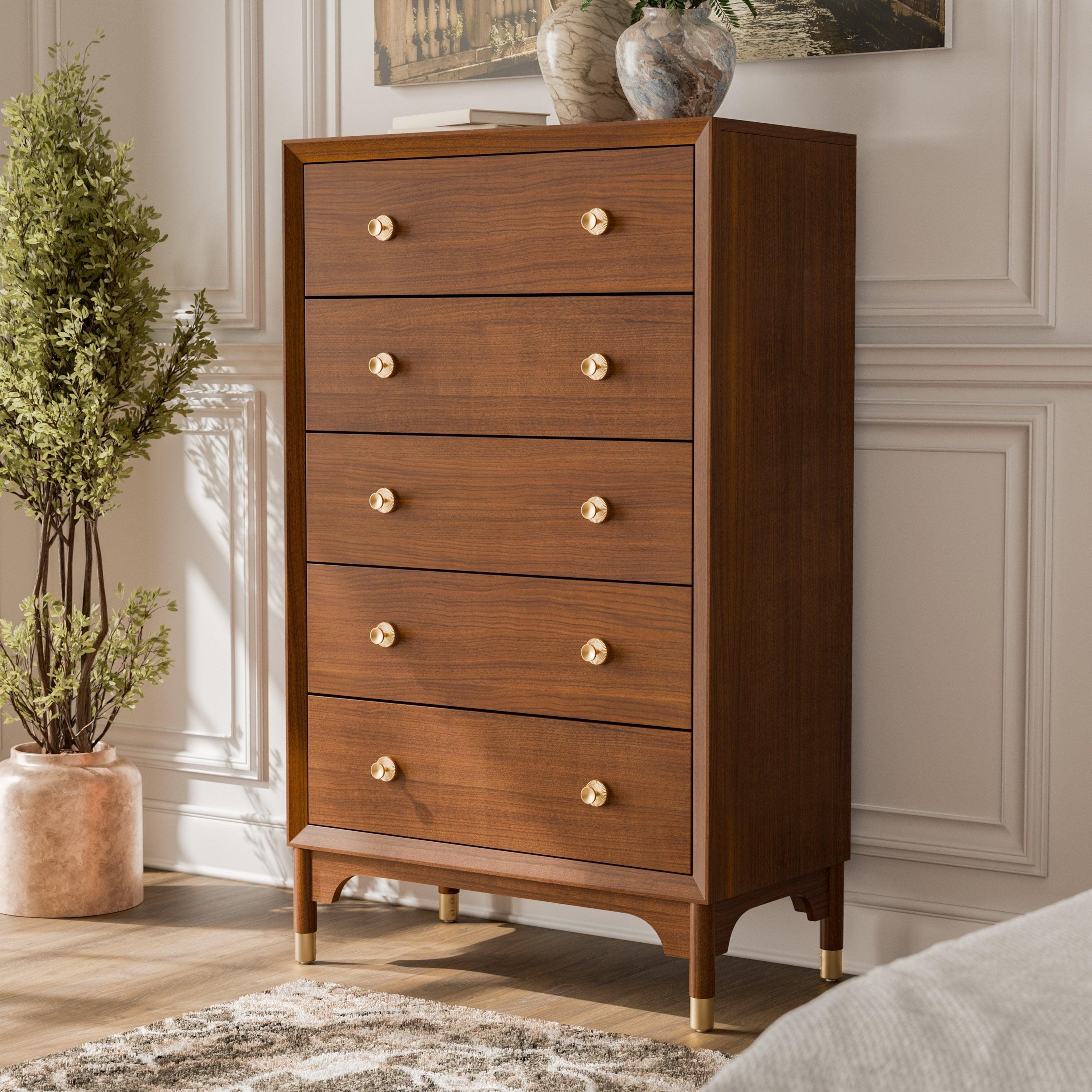 1pc Walnut Finish Five-Drawers Tall Chest for Bedroom.