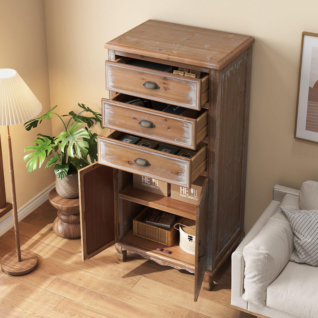 Rustic Wooden Storage Cabinet - Narrow Organizer with Drawers.