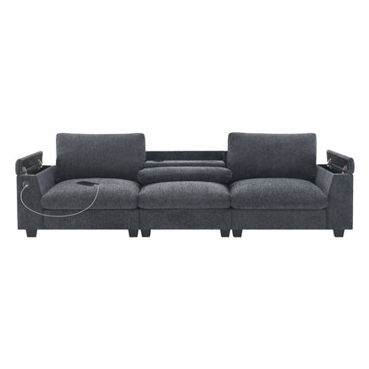 96*35''Chenille Sectional Sofa with Bluetooth Speaker,Comfy Cloud Couch Set with Drop Down Table,Cup Holders,USB Charger,Storage Armrest,Wide Seat Sofa for Living Room,Apartment,Office,3 Colors