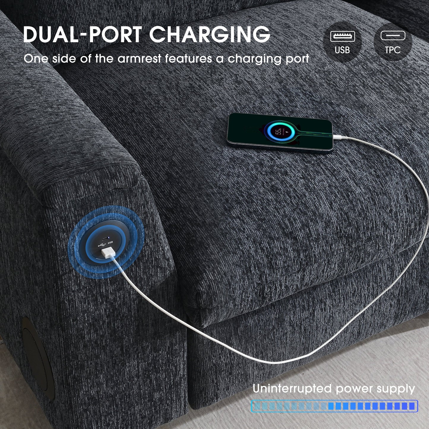 96*35''Chenille Sectional Sofa with Bluetooth Speaker,Comfy Cloud Couch Set with Drop Down Table,Cup Holders,USB Charger,Storage Armrest,Wide Seat Sofa for Living Room,Apartment,Office,3 Colors