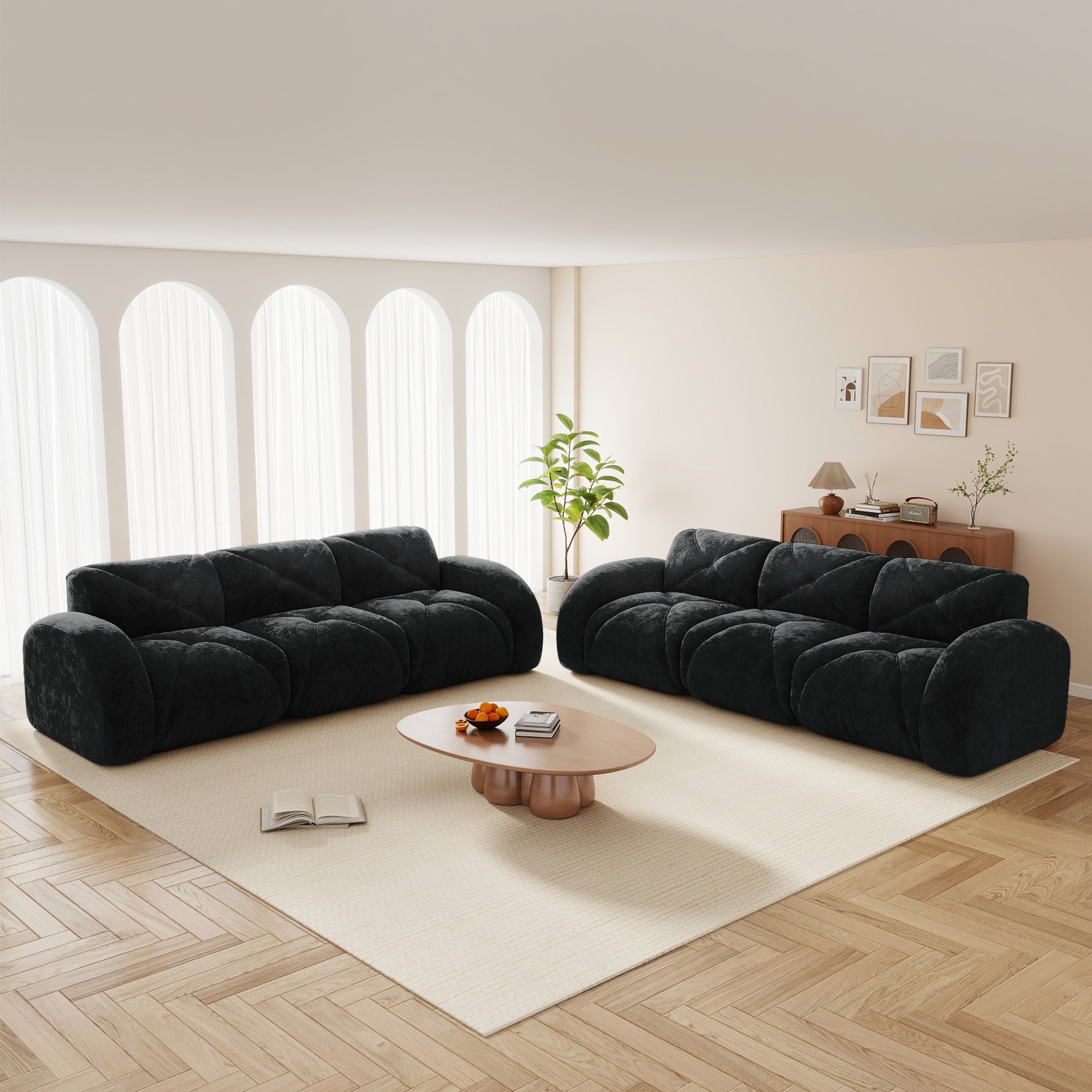 Black 6-Seater Velvet Sofa Set with High-Density Foam Cushions