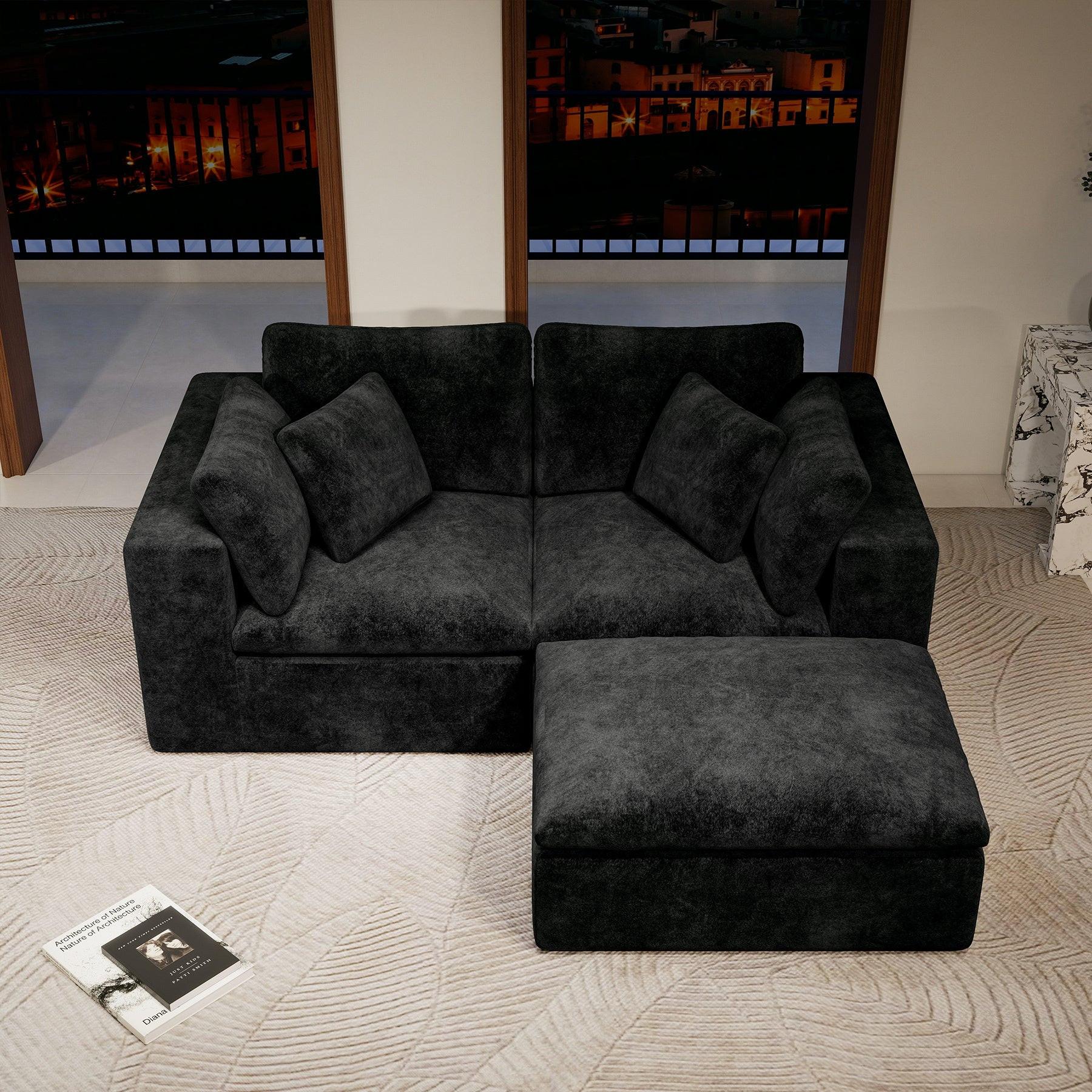 Black Modular Sectional Sofa with Plush Corduroy Fabric.