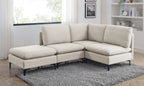 Beige linen modular sectional sofa featuring plush cushions and sleek black metal legs on a grey shag rug.
