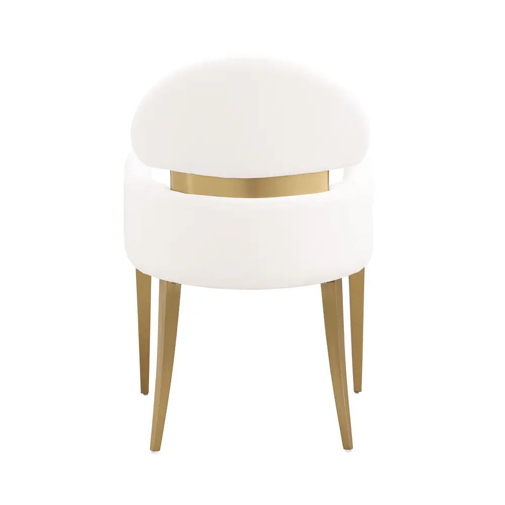 Rear view of Contemporary Dining Arm Chair in White and Gold with gold accent bar and tapered legs.