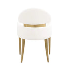 Rear view of Contemporary Dining Arm Chair in White and Gold with gold accent bar and tapered legs.