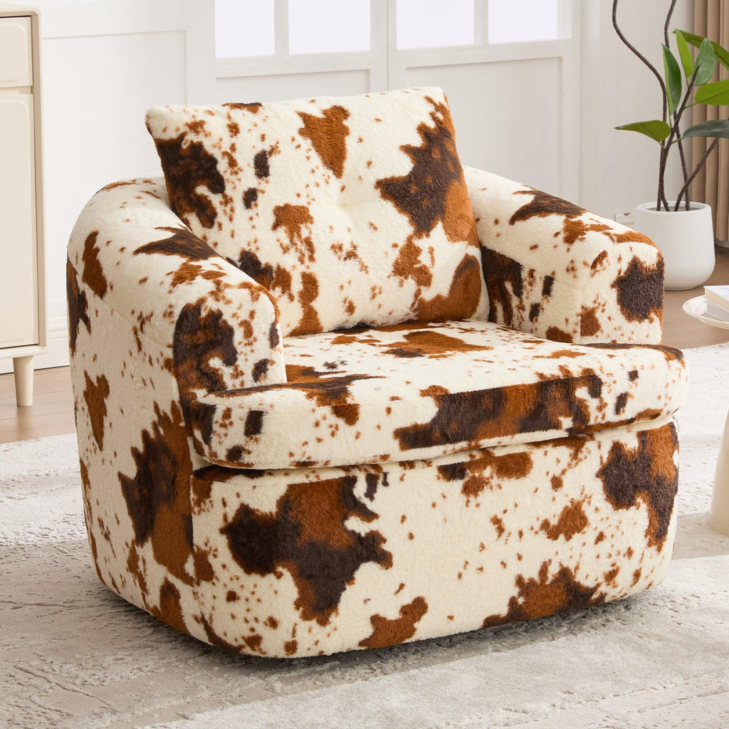 Modern 360° Swivel Accent Barrel Chair with Dual-Layer Cushion in Beige & Brown Faux Fur, 36.6' Round Seating for Living Room, Bedroom, Office, or Hotel.