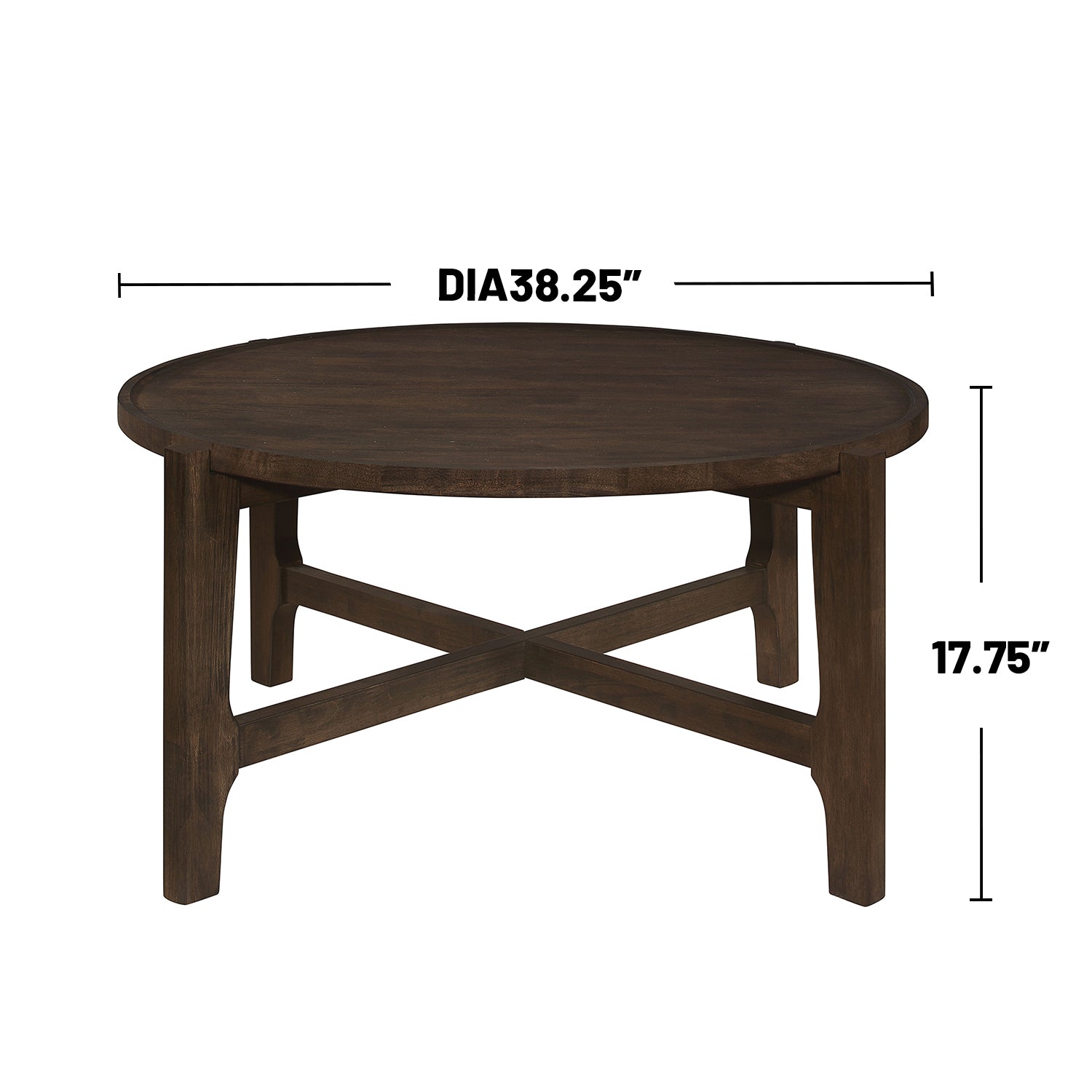 Round Solid Wood Coffee Table with dimensions 38.25-inch diameter and 17.75-inch height, crafted for functional elegance.