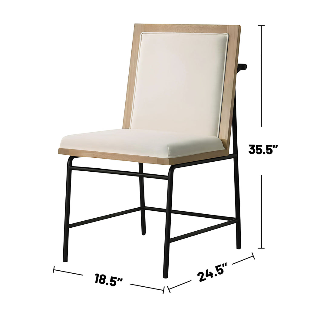 Oak fabric dining chair with upholstered seat and backrest, shown with dimensions 35.5”H x 24.5”D x 18.5”W for accurate furniture sizing.