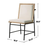 Oak fabric dining chair with upholstered seat and backrest, shown with dimensions 35.5”H x 24.5”D x 18.5”W for accurate furniture sizing.