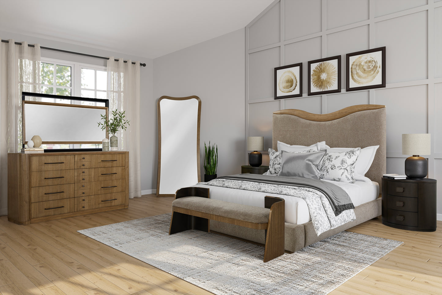 Full-length floor mirror with eucalyptus wood frame placed in a contemporary bedroom, complementing neutral-toned furniture.