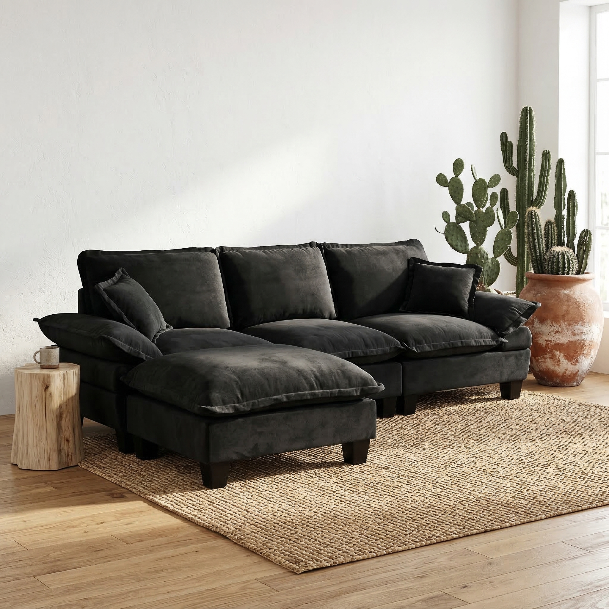 Cloud 4-Seater Chenille L-Shape Sectional Sofa in Black