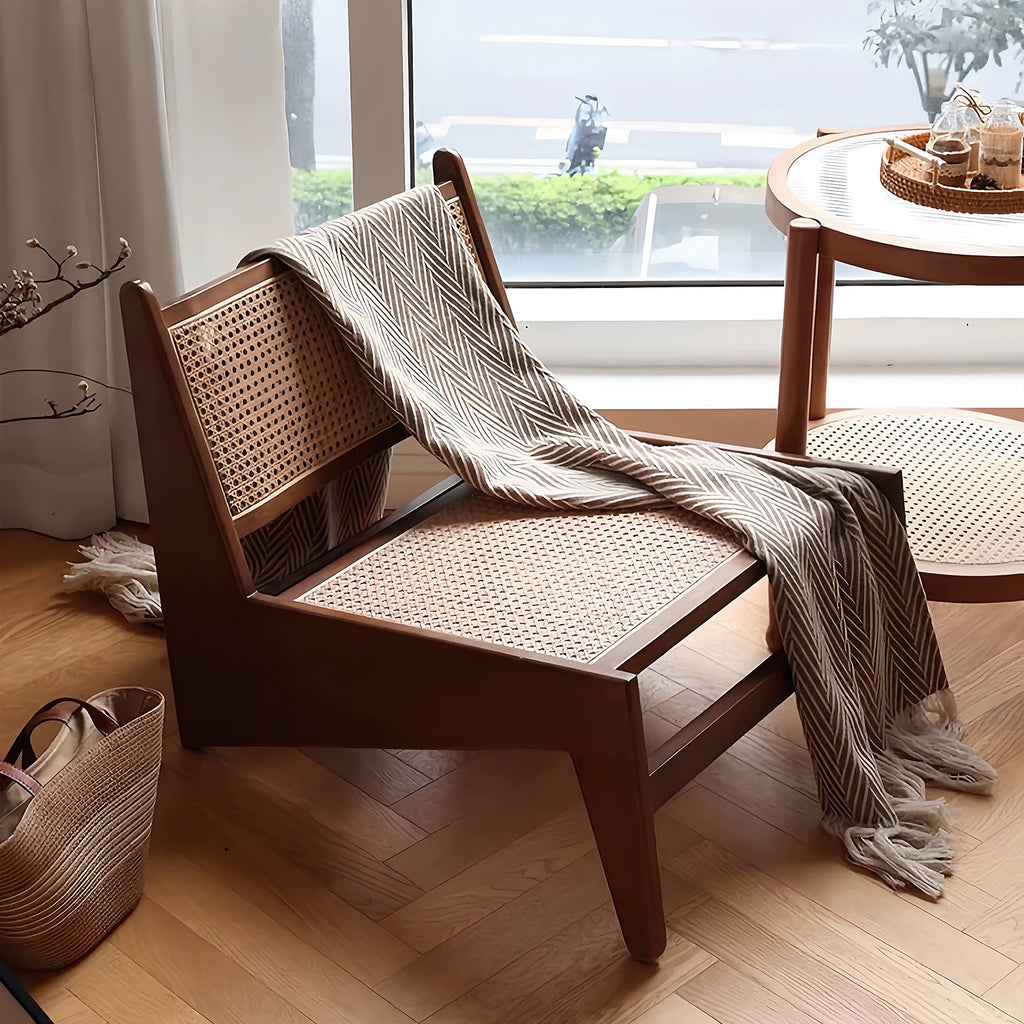 Mid Century Walnut Accent Chair with Rattan Lounge Seat