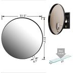 Round Black Metal Medicine Cabinet with Mirror showing 31.5-inch size and 6.6 lbs tempered glass shelf weight capacity.